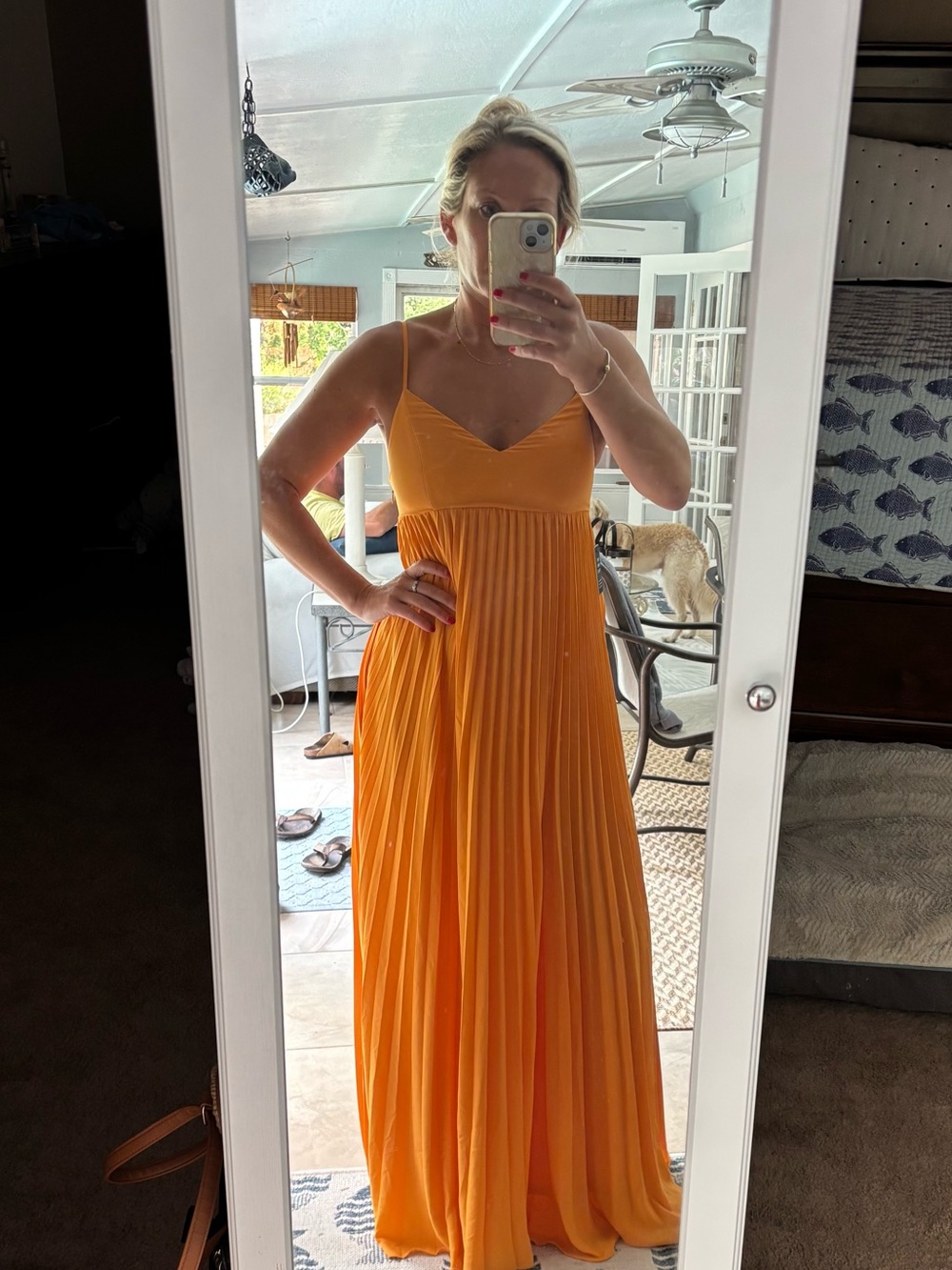 Express Spaghetti Strap Pleated Maxi Dress in Orange